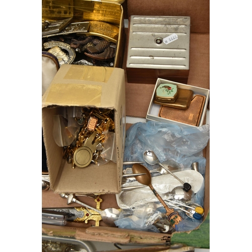 194 - A LARGE BOX OF ASSORTED ITEMS, to include various compacts and pill boxes including 'Stratton', two ... 