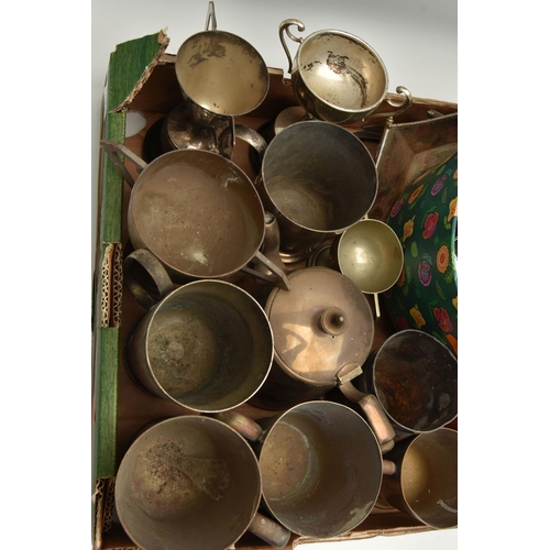 195 - A BOX OF ASSORTED WHITE METAL WARE, to include various tankards, a pair of white metal pheasant figu... 