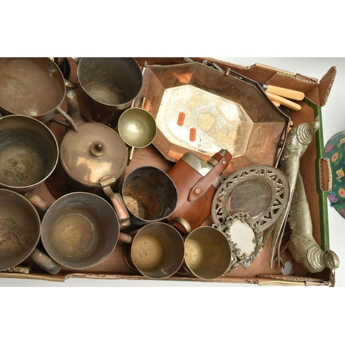 195 - A BOX OF ASSORTED WHITE METAL WARE, to include various tankards, a pair of white metal pheasant figu... 