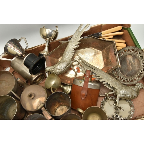 195 - A BOX OF ASSORTED WHITE METAL WARE, to include various tankards, a pair of white metal pheasant figu... 