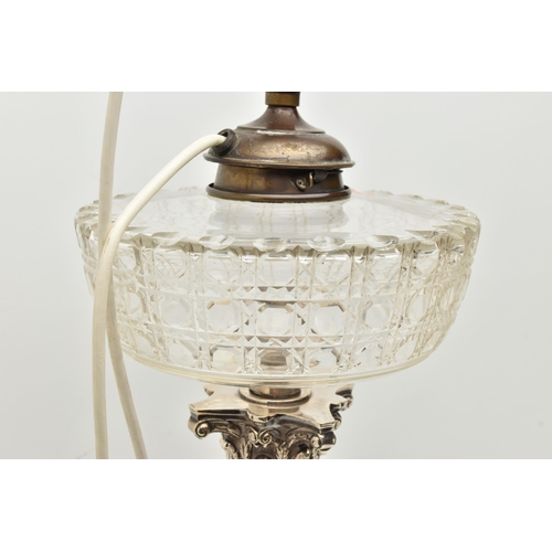 196 - A LATE 19TH/EARLY 20TH CENTURY OIL LAMP, the hobnail and facet cut clear glass reservoir fitted to t... 