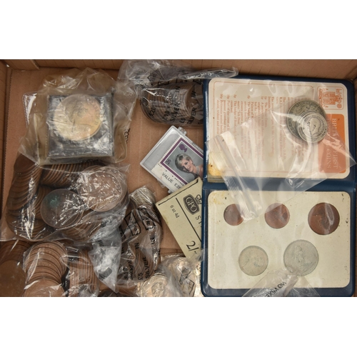 205 - A SMALL CARDBOARD BOX OF COINS AND COMMEMORATIVES, to include a Papal Pope John Paul II souvenir set... 