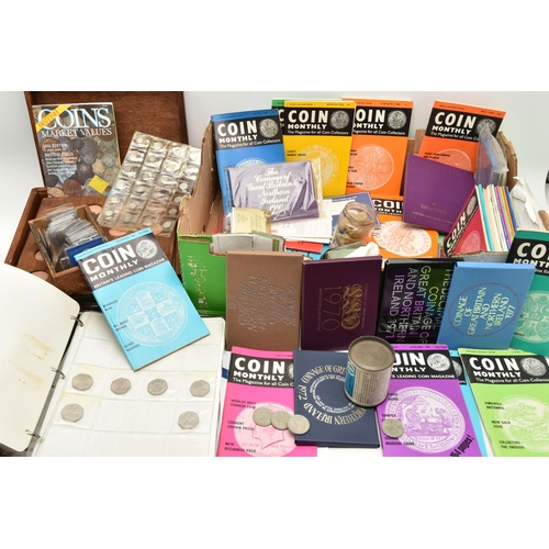 210 - A LARGE CARDBOARD BOX CONTAINING MIXED COINS, YEAR SETS, COIN ALBUM, POSTAGE STAMPS ETC, to include ... 