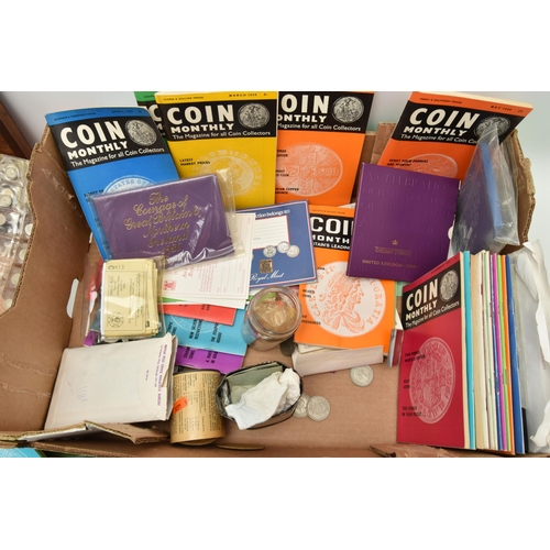 210 - A LARGE CARDBOARD BOX CONTAINING MIXED COINS, YEAR SETS, COIN ALBUM, POSTAGE STAMPS ETC, to include ... 