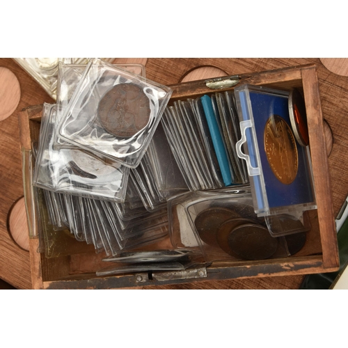 210 - A LARGE CARDBOARD BOX CONTAINING MIXED COINS, YEAR SETS, COIN ALBUM, POSTAGE STAMPS ETC, to include ... 