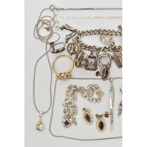 76 - A SELECTION OF SILVER AND WHITE METAL JEWELLERY, to include a charm bracelet suspending eleven charm... 