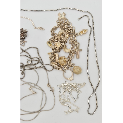 76 - A SELECTION OF SILVER AND WHITE METAL JEWELLERY, to include a charm bracelet suspending eleven charm... 