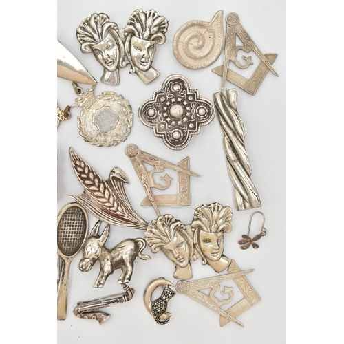 77 - A SELECTION OF WHITE METAL JEWELLERY, to include mainly brooches, including donkeys, owls, a marcasi... 