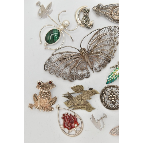 78 - A SELECTION OF WHITE METAL JEWELLERY, to include cannetille butterfly and flower brooches, two malac... 