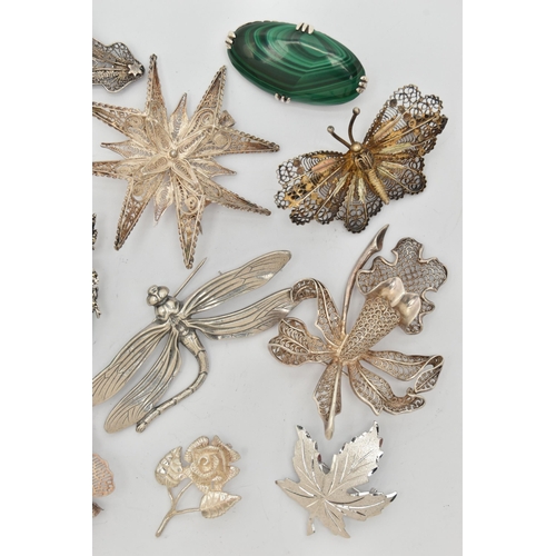 78 - A SELECTION OF WHITE METAL JEWELLERY, to include cannetille butterfly and flower brooches, two malac... 