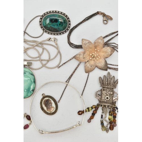 79 - A SELECTION OF SILVER AND WHITE METAL JEWELLERY, to include mainly gem set pieces, an inlaid shell b... 