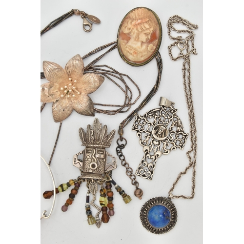 79 - A SELECTION OF SILVER AND WHITE METAL JEWELLERY, to include mainly gem set pieces, an inlaid shell b... 