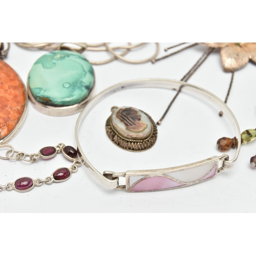 79 - A SELECTION OF SILVER AND WHITE METAL JEWELLERY, to include mainly gem set pieces, an inlaid shell b... 