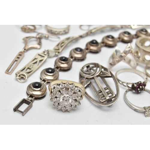 82 - A SELECTION OF SILVER AND WHITE METAL JEWELLERY, to include a pair of Kit Heath drop earrings, a Cel... 