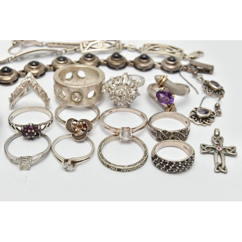 82 - A SELECTION OF SILVER AND WHITE METAL JEWELLERY, to include a pair of Kit Heath drop earrings, a Cel... 