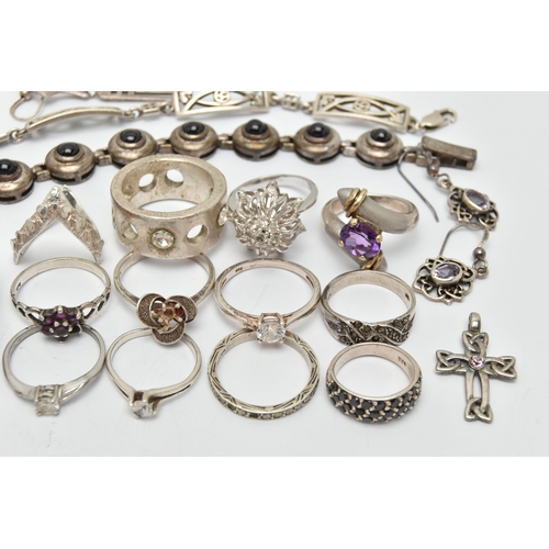 82 - A SELECTION OF SILVER AND WHITE METAL JEWELLERY, to include a pair of Kit Heath drop earrings, a Cel... 