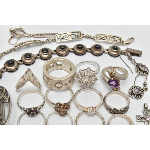 82 - A SELECTION OF SILVER AND WHITE METAL JEWELLERY, to include a pair of Kit Heath drop earrings, a Cel... 