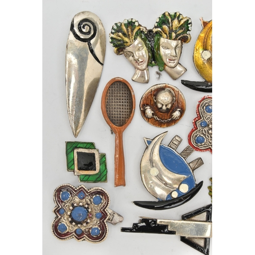 84 - A SELECTION OF WHITE METAL JEWELLERY, to include mainly brooches, with enameled boats, balloons and ... 