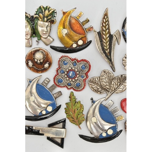 84 - A SELECTION OF WHITE METAL JEWELLERY, to include mainly brooches, with enameled boats, balloons and ... 