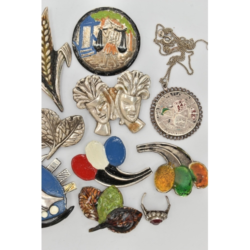 84 - A SELECTION OF WHITE METAL JEWELLERY, to include mainly brooches, with enameled boats, balloons and ... 