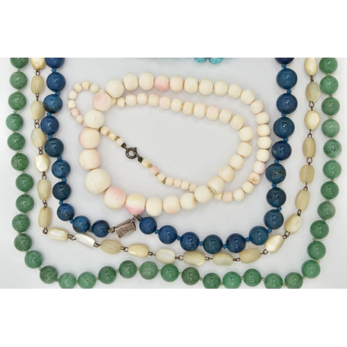 87 - A SELECTION OF GEM NECKLACES, to include an aventurine bead quartz necklace, a conch shell bead neck... 