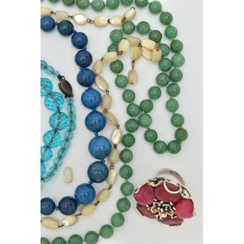 87 - A SELECTION OF GEM NECKLACES, to include an aventurine bead quartz necklace, a conch shell bead neck... 