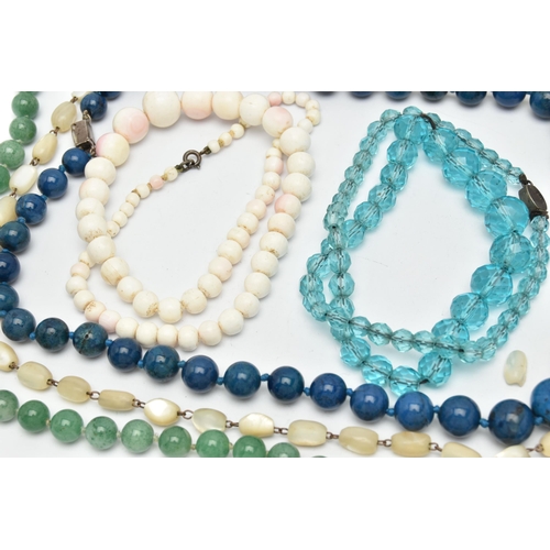 87 - A SELECTION OF GEM NECKLACES, to include an aventurine bead quartz necklace, a conch shell bead neck... 