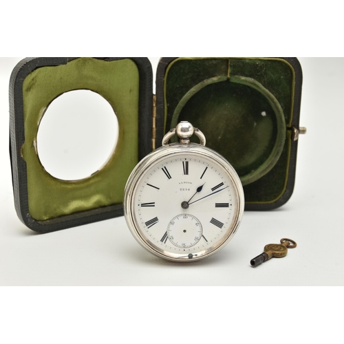 88 - A LATE VICTORIAN SILVER OPEN FACE POCKET WATCH IN A SILVER MOUNTED TRAVEL CASE, the white face with ... 