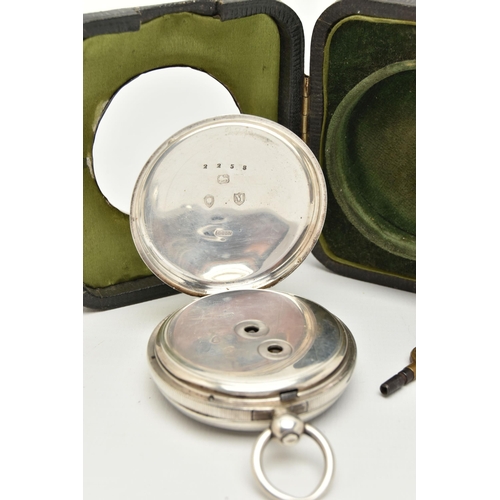 88 - A LATE VICTORIAN SILVER OPEN FACE POCKET WATCH IN A SILVER MOUNTED TRAVEL CASE, the white face with ... 