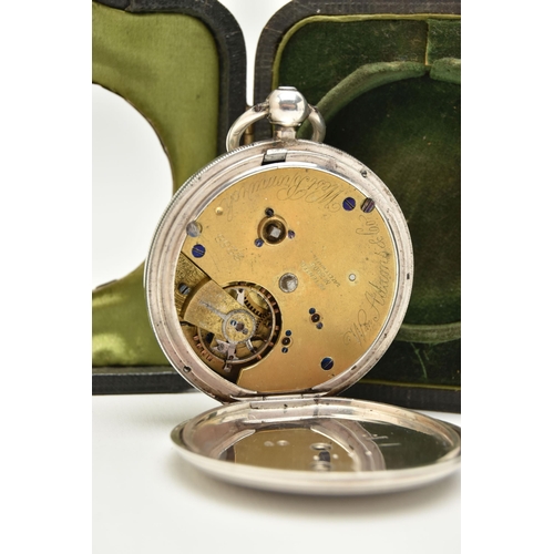 88 - A LATE VICTORIAN SILVER OPEN FACE POCKET WATCH IN A SILVER MOUNTED TRAVEL CASE, the white face with ... 