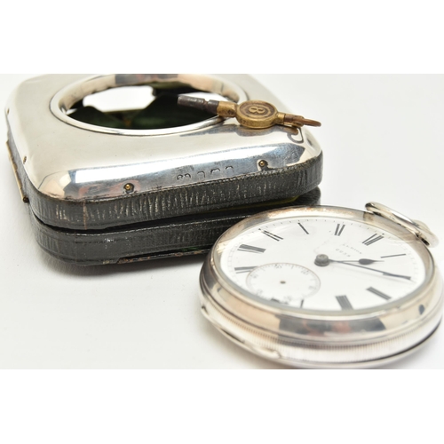 88 - A LATE VICTORIAN SILVER OPEN FACE POCKET WATCH IN A SILVER MOUNTED TRAVEL CASE, the white face with ... 