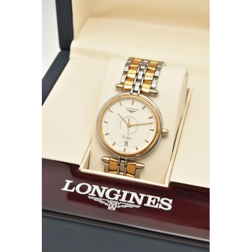 95 - A GENTS BOXED 'LONGINES' QUARTZ WRISTWATCH, round white dial signed 'Longines Quartz', baton markers... 