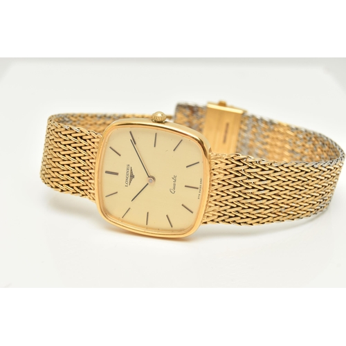 96 - A GENTS BOXED 'LONGINES' QUARTZ WRISTWATCH, rounded square gold dial signed 'Longines Quartz', baton... 