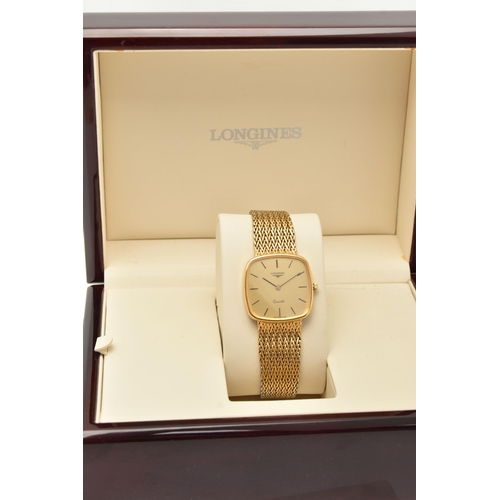 96 - A GENTS BOXED 'LONGINES' QUARTZ WRISTWATCH, rounded square gold dial signed 'Longines Quartz', baton... 