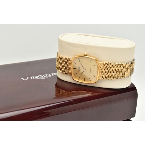 96 - A GENTS BOXED 'LONGINES' QUARTZ WRISTWATCH, rounded square gold dial signed 'Longines Quartz', baton... 