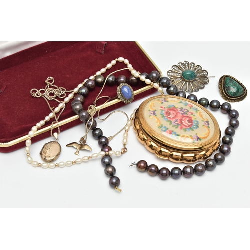 98 - A SMALL BOX WITH CONTENTS, to include an oval white cultured pearl necklace with yellow ball bead sp... 