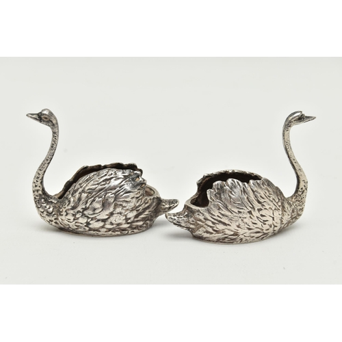 125 - A PAIR OF ELIZABETH II SILVER SWAN FIGURES, realistically textured swans, each hallmarked 'J B Chatt... 