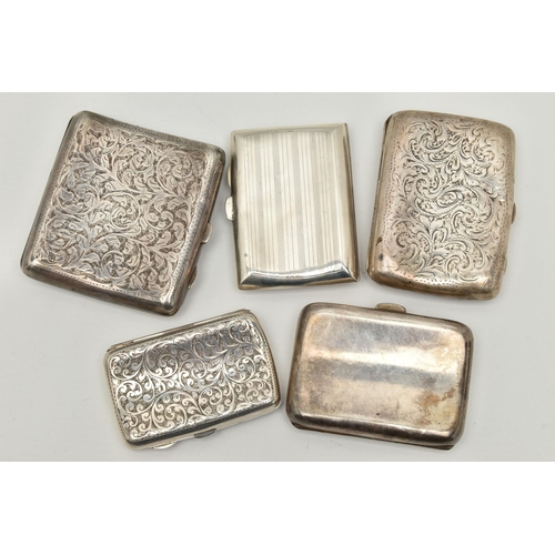 127 - FIVE SILVER CIGARETTE CASES, three with a foliate pattern two have engraved cartouches, a polished c... 