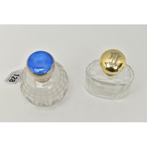 128 - TWO SCENT BOTTLES, the first an etched glass round scent bottle fitted with a silver hinged cover wi... 