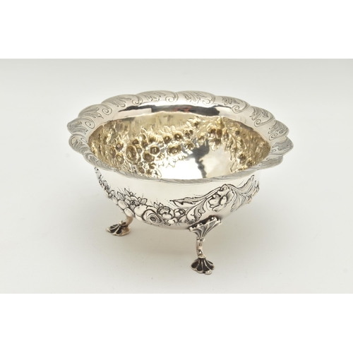 131 - A VICTORIAN SILVER SUGAR BOWL OF CIRCULAR FORM WITH WAVY AND CHASED FOLIATE RIM, repoussé garlands, ... 