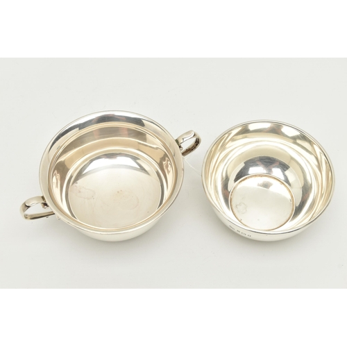 133 - A GEORGE V SILVER TWIN HANDLED PORRIDGE BOWL AND ANOTHER GEORGE V SILVER PORRIDGE BOWL WITHOUT HANDL... 