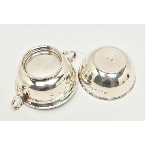 133 - A GEORGE V SILVER TWIN HANDLED PORRIDGE BOWL AND ANOTHER GEORGE V SILVER PORRIDGE BOWL WITHOUT HANDL... 