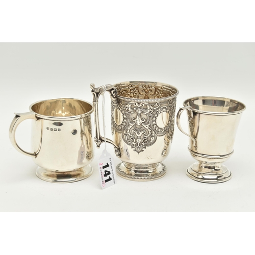 141 - THREE VICTORIAN/20TH CENTURY SILVER CHRISTENING MUGS, comprising a Victorian example with beaded rim... 