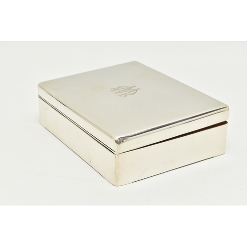 143 - A GEORGE V SILVER CIGARETTE BOX OF RECTANGULAR FORM, engraved monogram to the hinged lid, cedarwood ... 