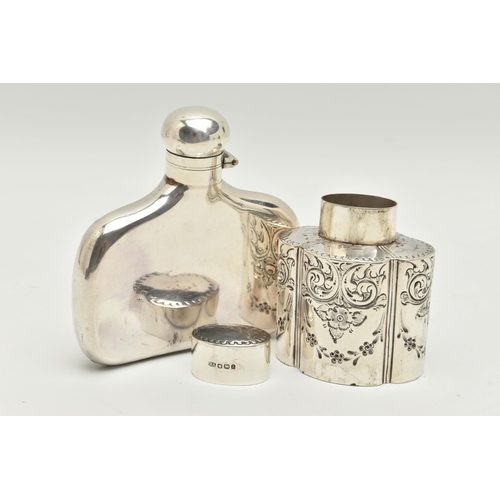 144 - A LATE VICTORIAN SILVER TEA CADDY OF SHAPED OVAL FORM AND A GEORGE V SILVER HIP FLASK, the tea caddy... 