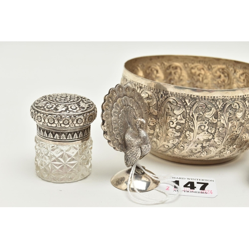 147 - A SMALL GROUP OF LATE 19TH/20TH CENTURY INDIAN WHITE METAL, comprising a circular sugar bowl with ga... 