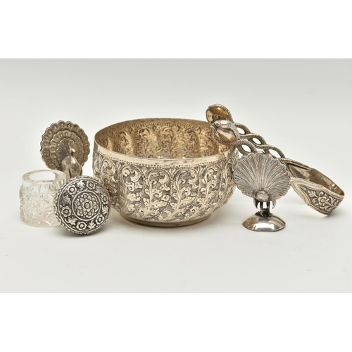 147 - A SMALL GROUP OF LATE 19TH/20TH CENTURY INDIAN WHITE METAL, comprising a circular sugar bowl with ga... 