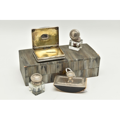 149 - A DESK SET AND A WHITE METAL BOX, desk set containing two glass ink wells with hinged white metal co... 