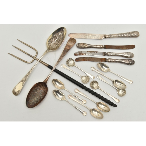 152 - A PARCEL OF 19TH AND 20TH CENTURY SILVER FLATWARE, comprising a matched pair of George III tablespoo... 