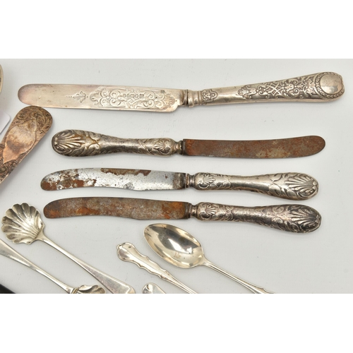 152 - A PARCEL OF 19TH AND 20TH CENTURY SILVER FLATWARE, comprising a matched pair of George III tablespoo... 